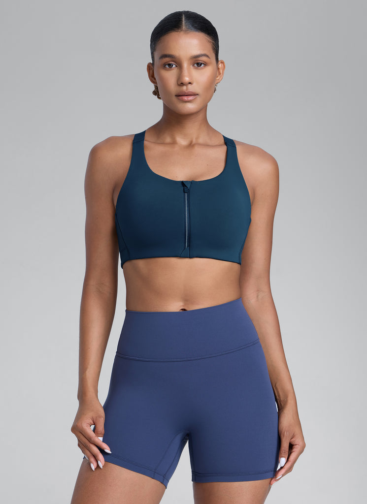 CRZ YOGA Womens Zip Front High Impact Sport Bra with Adjustable Straps Black