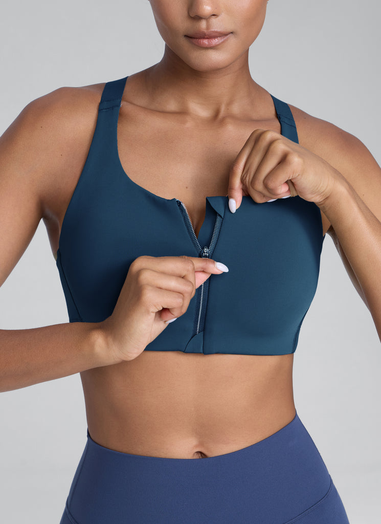 CRZ YOGA Womens Zip Front High Impact Sport Bra with Adjustable Straps Black