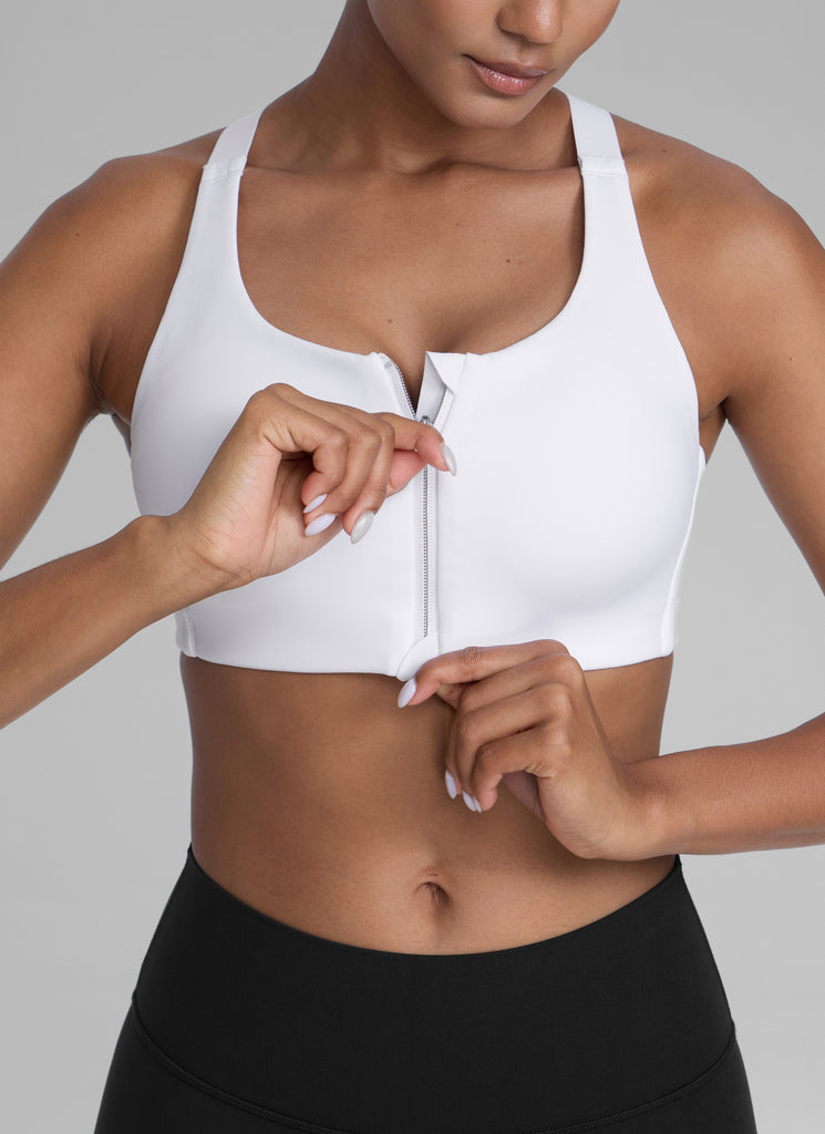CRZ YOGA Womens Zip Front High Impact Sport Bra with Adjustable Straps White
