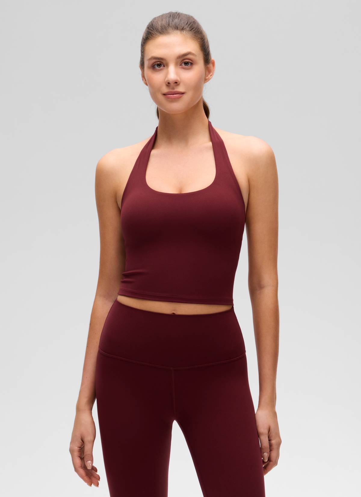 CRZ YOGA Womens Butterluxe Halter Longline Sports Bra Crop Tank Tops Red Merlot @model_info:Gelya