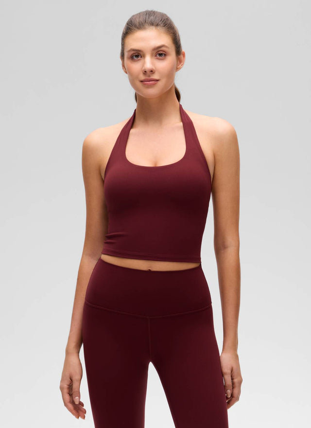 CRZ YOGA Womens Butterluxe Halter Longline Sports Bra Crop Tank Tops Red Merlot @model_info:Gelya