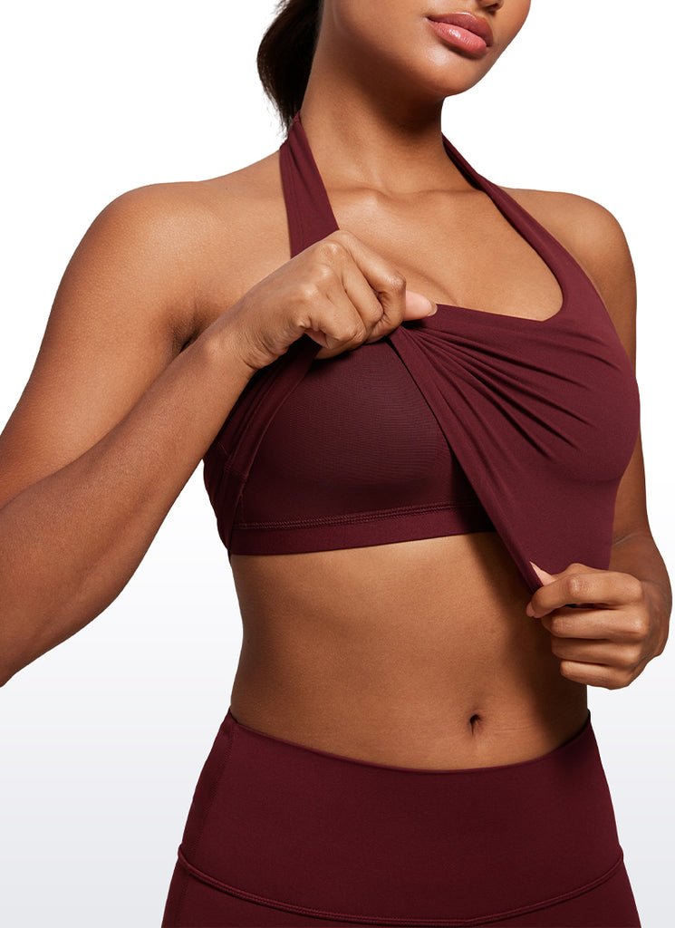 CRZ YOGA Womens Butterluxe Halter Longline Sports Bra Crop Tank Tops Red Merlot