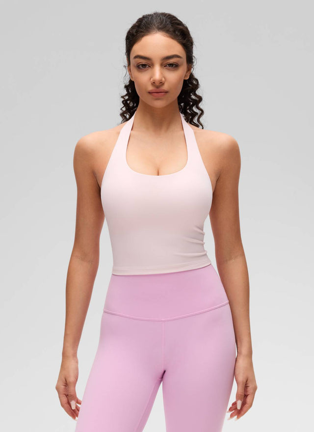 CRZ YOGA Womens Butterluxe Halter Longline Sports Bra Crop Tank Tops Strawberry Pink @model_info:Anano