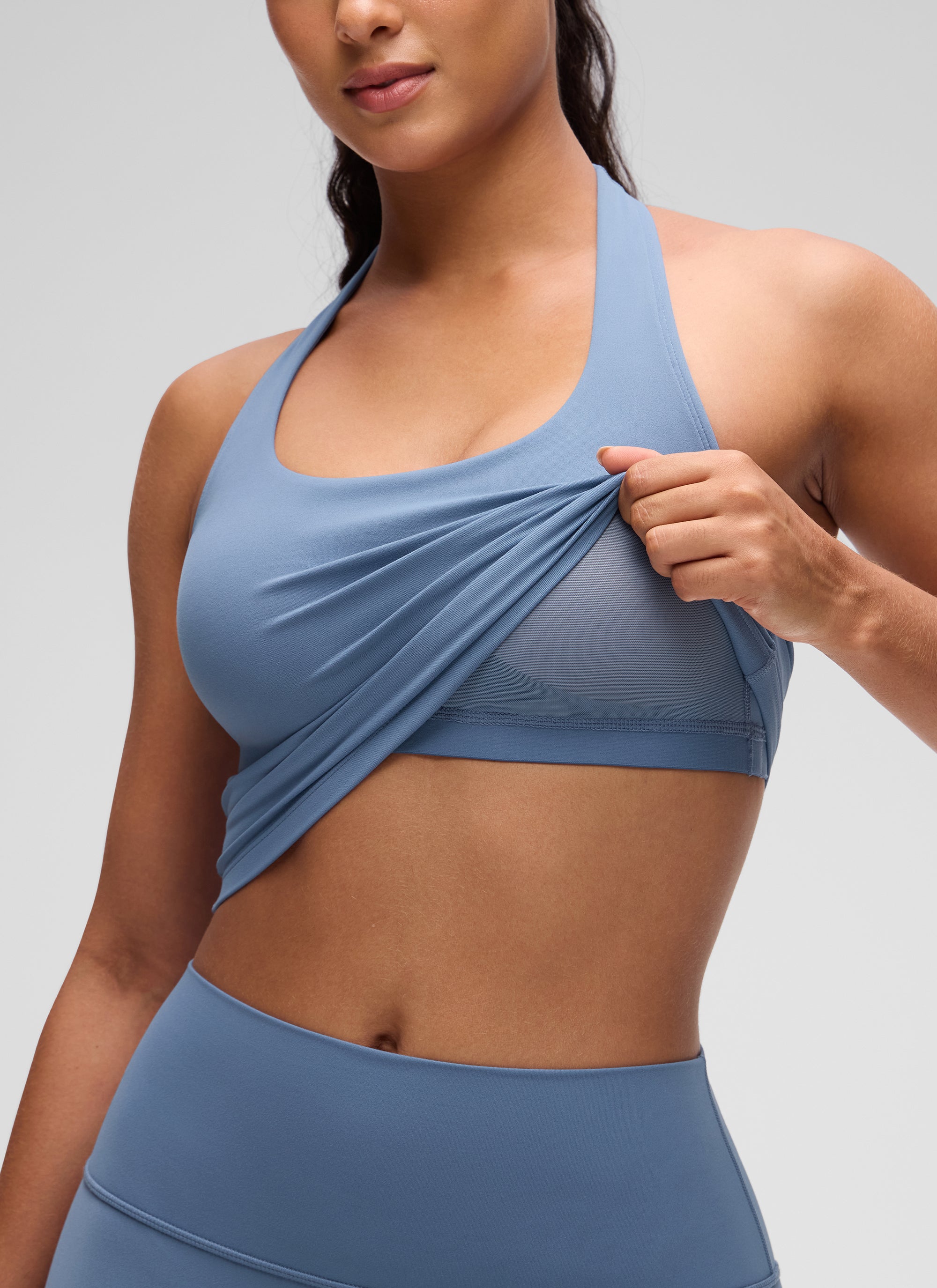 CRZ YOGA Womens Butterluxe Halter Longline Sports Bra Crop Tank Tops Washed Denim