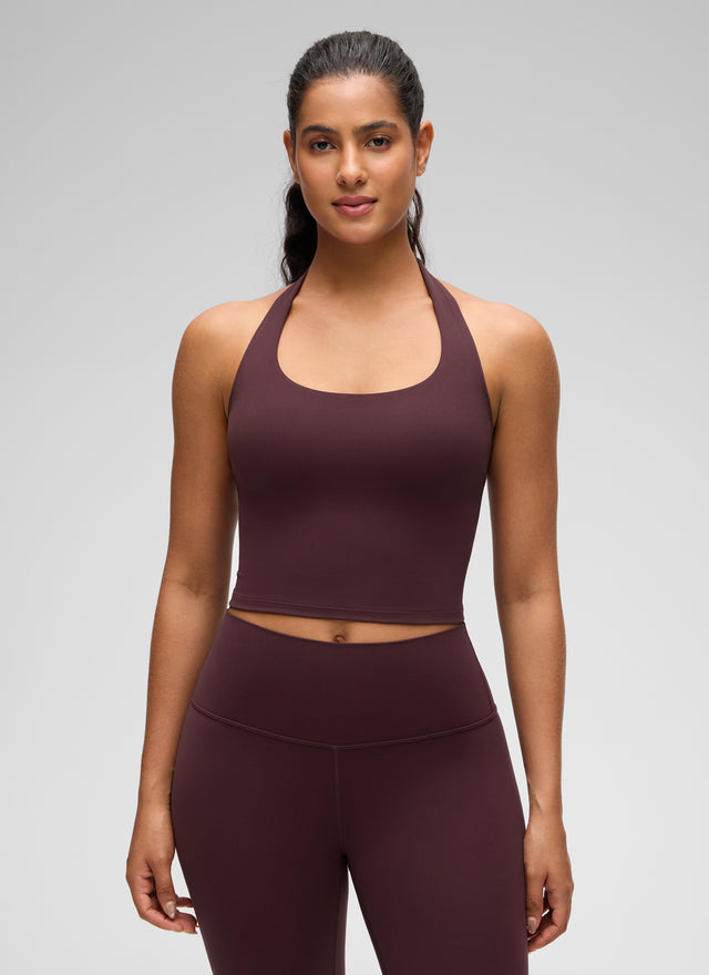 CRZ YOGA Womens Butterluxe Halter Longline Sports Bra Crop Tank Tops Ripe Plum @model_info:Carol