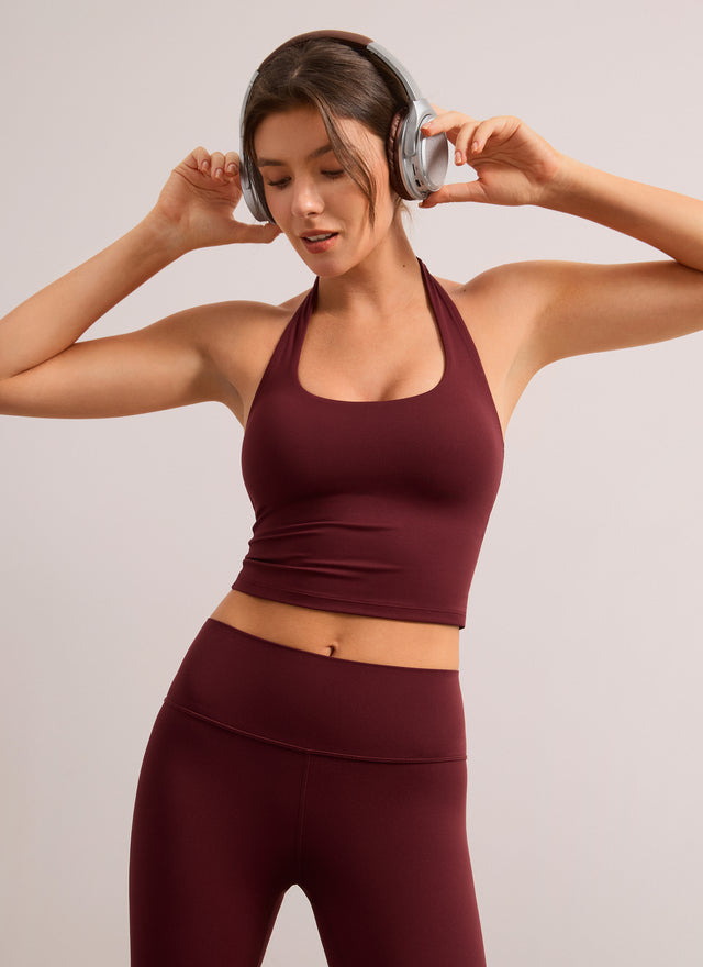 CRZ YOGA Womens Butterluxe Halter Longline Sports Bra Crop Tank Tops Red Merlot