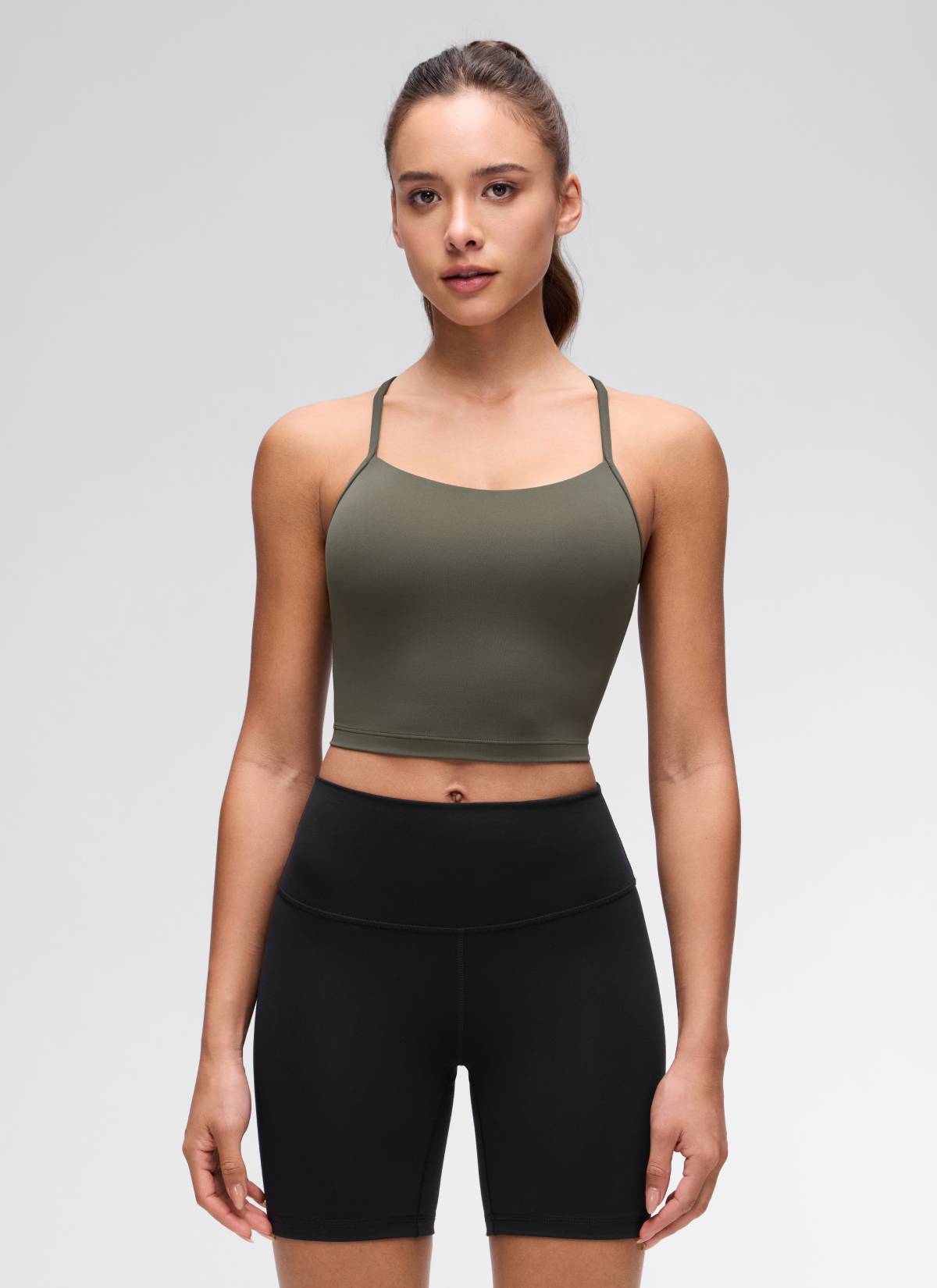 CRZ YOGA Womens Butterluxe Y Back Longline Sports Bras Crop Tank Top Light Army Green