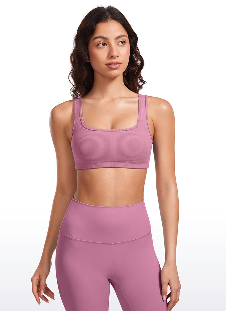 CRZ YOGA Women Ribbed Square Neck Cami Padded Mini Bra Rhino Grey