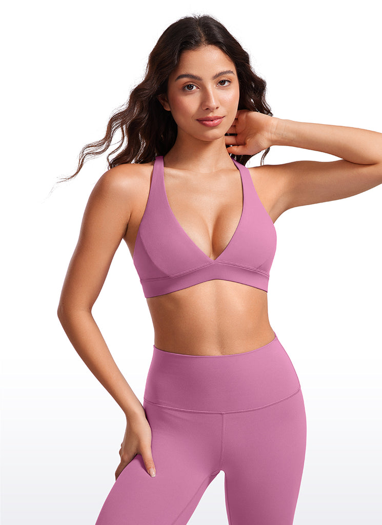 CRZ YOGA Women's Light Support Butterluxe Yoga Bra Strappy back V Neck Neon Orange