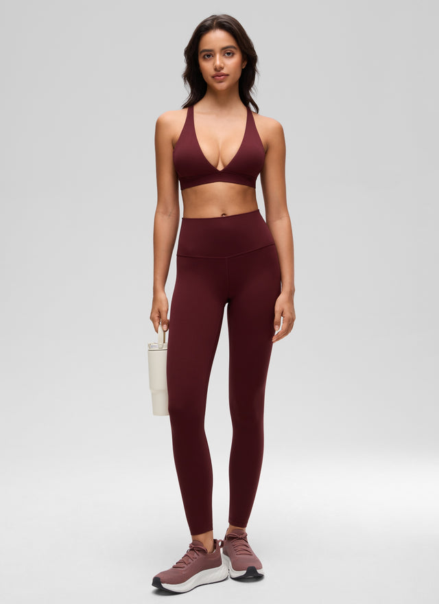 CRZ YOGA Women's Light Support Butterluxe Yoga Bra Strappy back V Neck Red Merlot @model_info:Liss