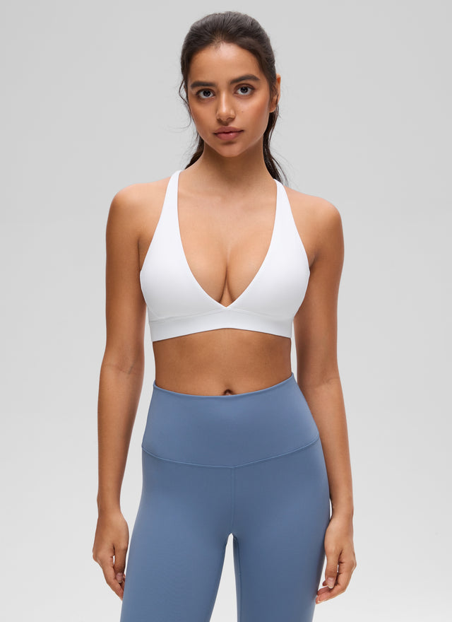 CRZ YOGA Women's Light Support Butterluxe Yoga Bra Strappy back V Neck White