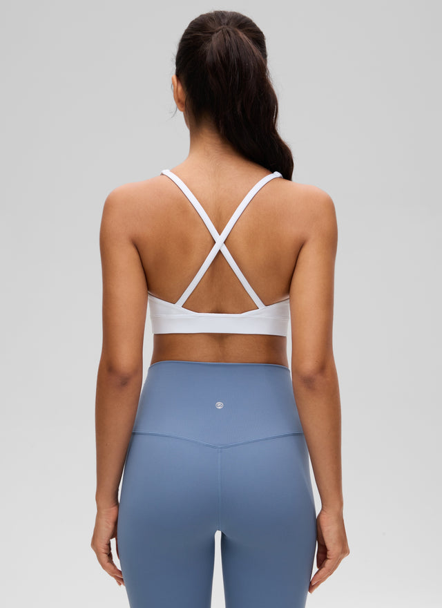 CRZ YOGA Women's Light Support Butterluxe Yoga Bra Strappy back V Neck White