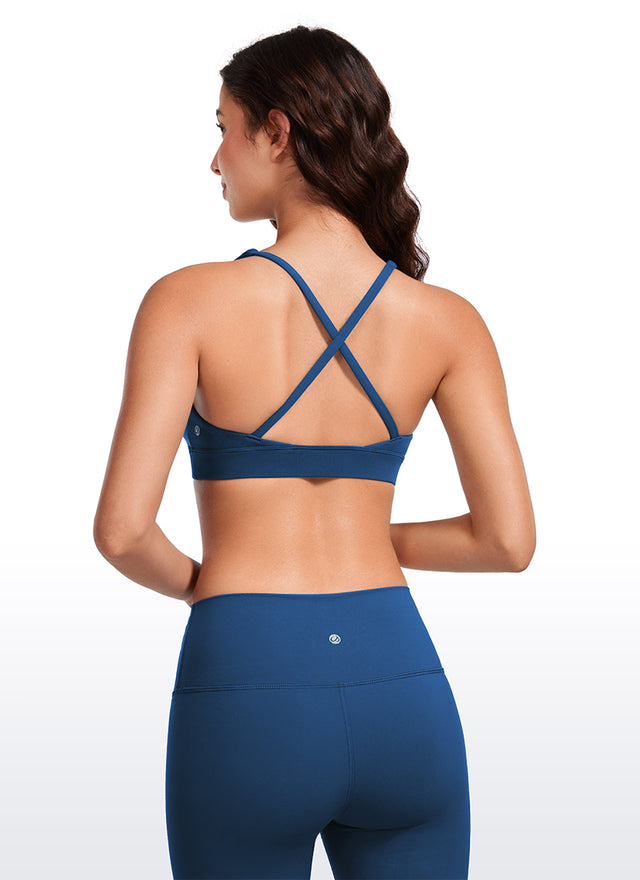 CRZ YOGA Women's Light Support Butterluxe Yoga Bra Strappy back V Neck French Navy @model_info:Maysa