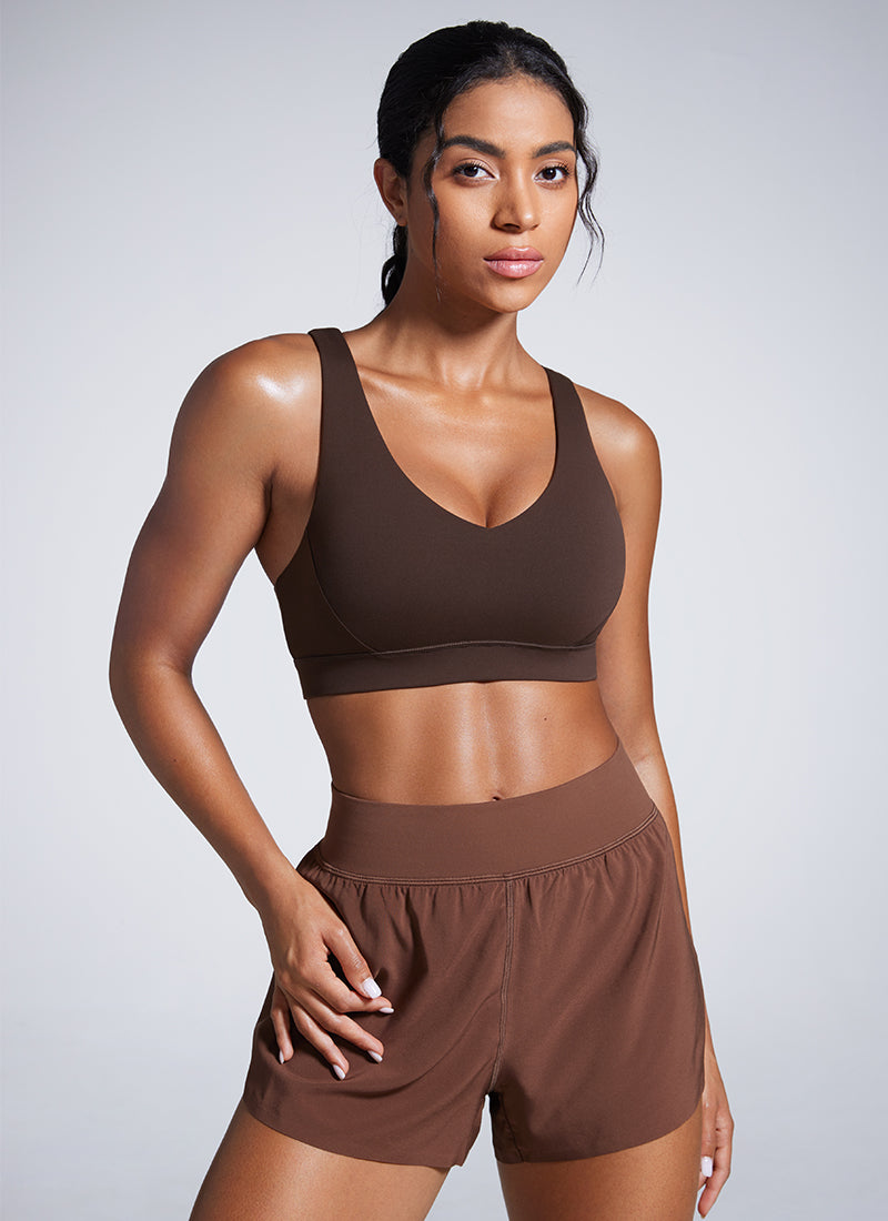 CRZ YOGA Womens Butterbreeze Padded V Neck Sports Bra Training Hot Fudge Brown