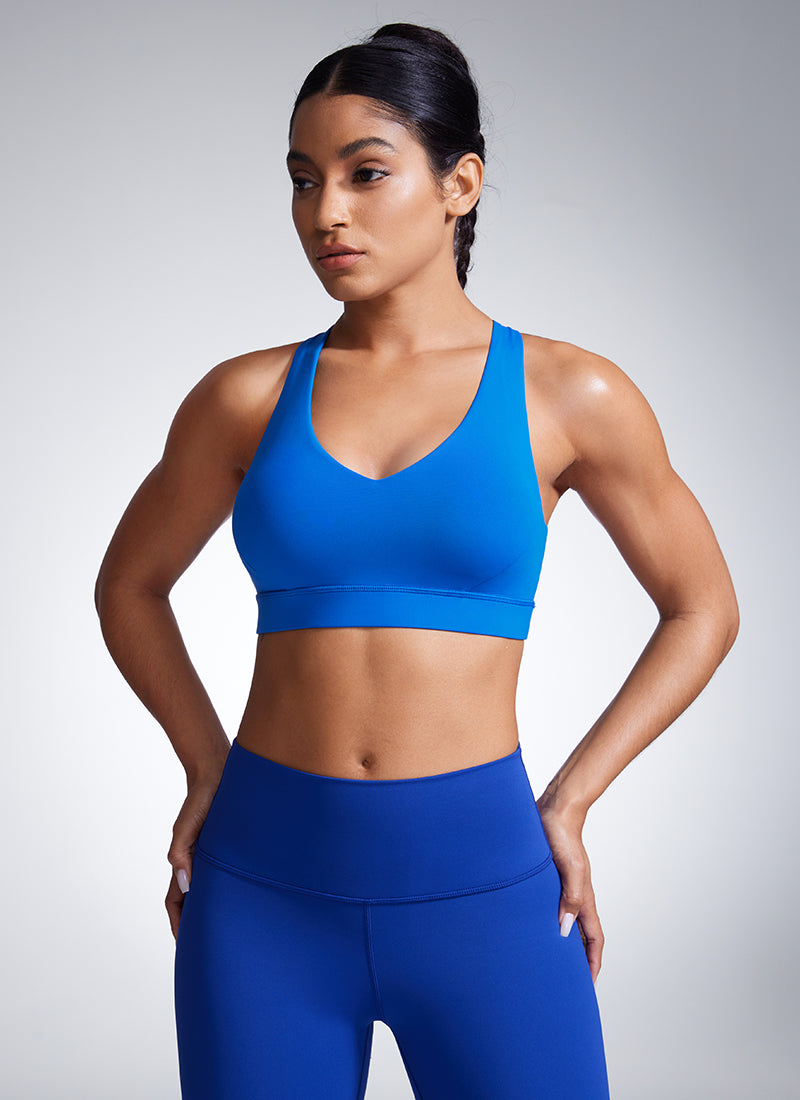 CRZ YOGA Womens Butterbreeze Padded V Neck Sports Bra Training Sparkle Blue