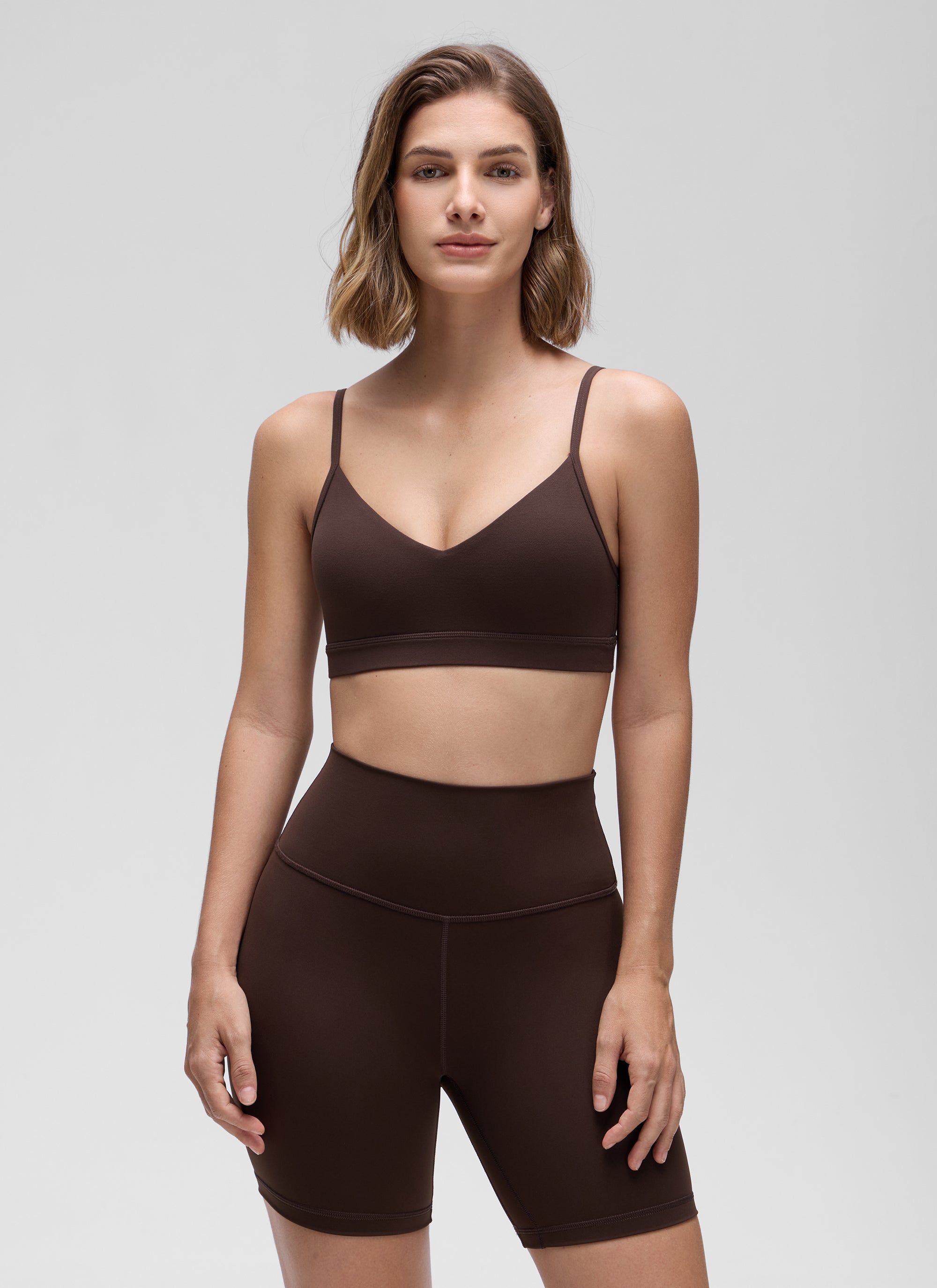 CRZ YOGA Butterluxe Womens V Neck Camisole Yoga Padded Sports Bra Hot Fudge Brown @model_info:Jaynne