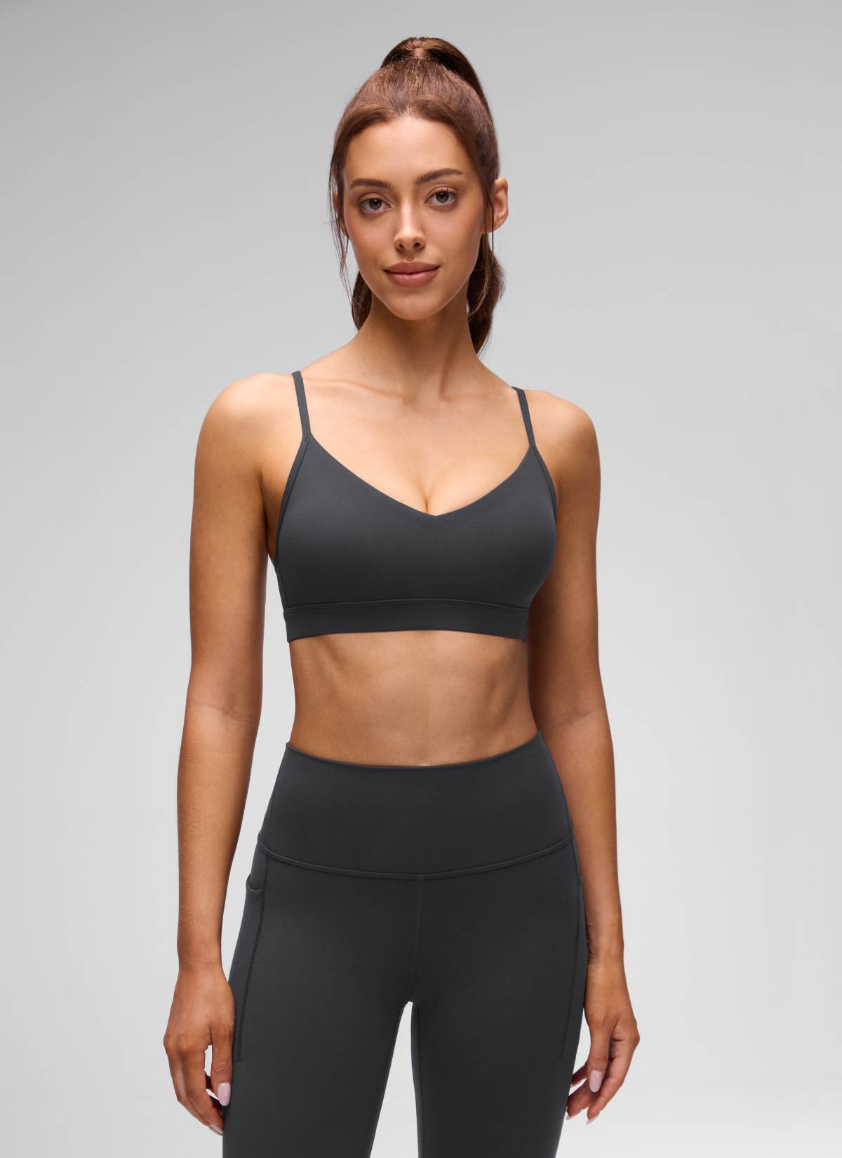 CRZ YOGA Butterluxe Womens V Neck Camisole Yoga Padded Sports Bra Mysterious Grey @model_info:Lary