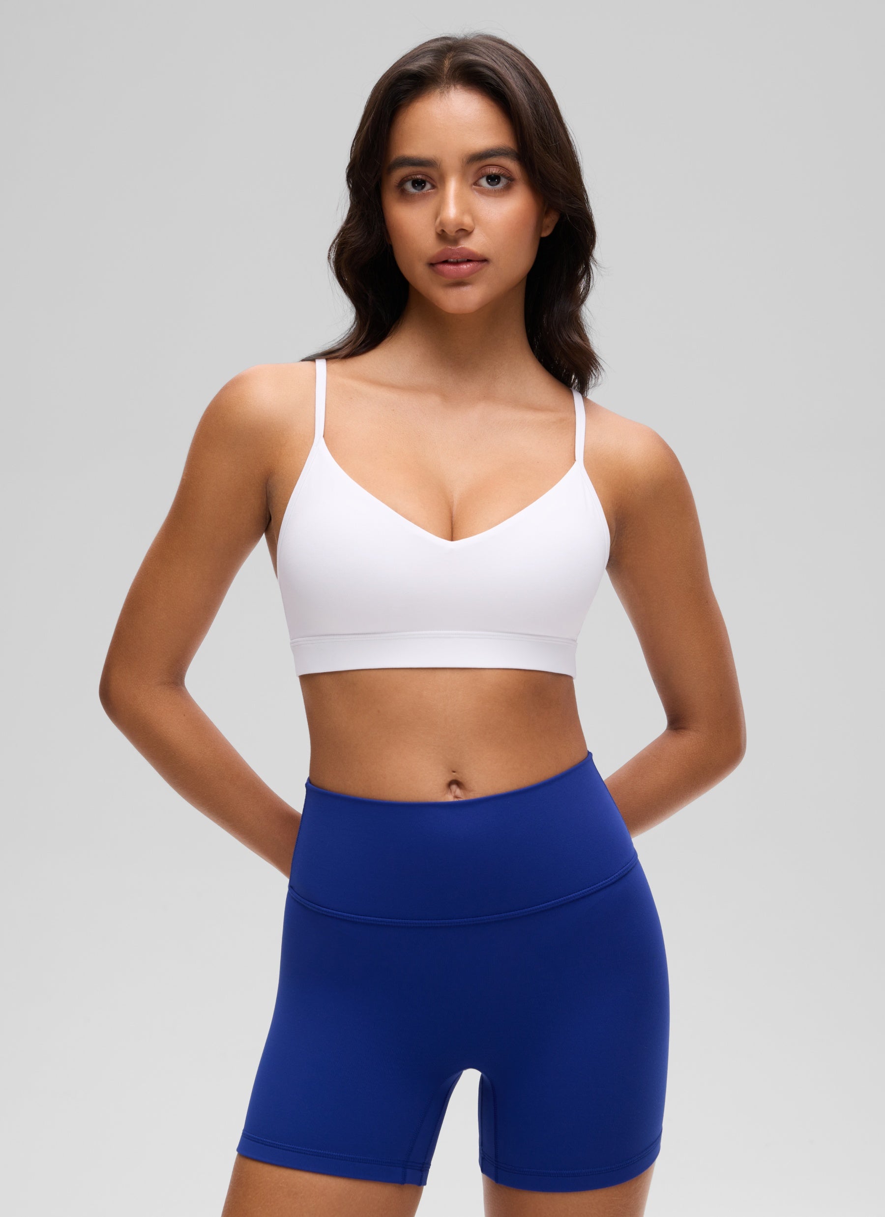 CRZ YOGA Butterluxe Womens V Neck Camisole Yoga Padded Sports Bra White @model_info:Liss