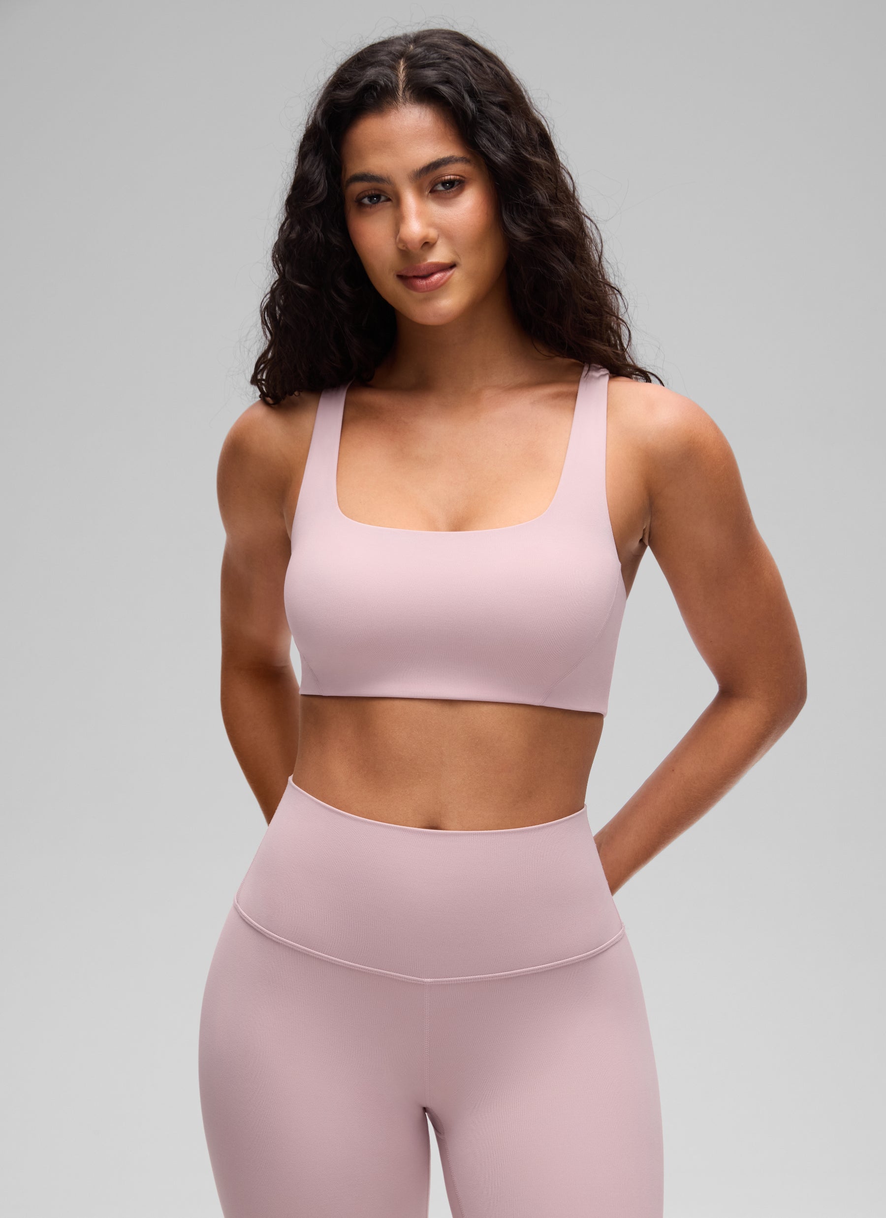 CRZ YOGA Womens Butterlift Double Lined Square Neck Yoga Sports Bra Pink Haze @model_info:C