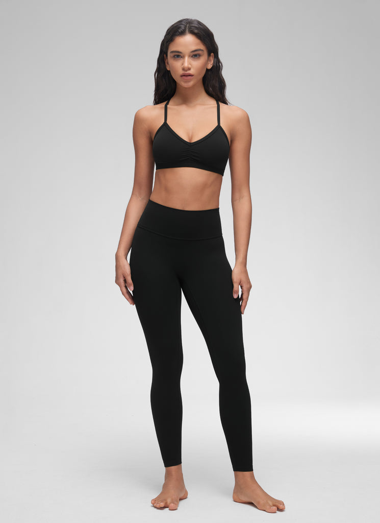 CRZ YOGA Butterluxe Womens Ruched V Neck Yoga Padded Sports Bra Black