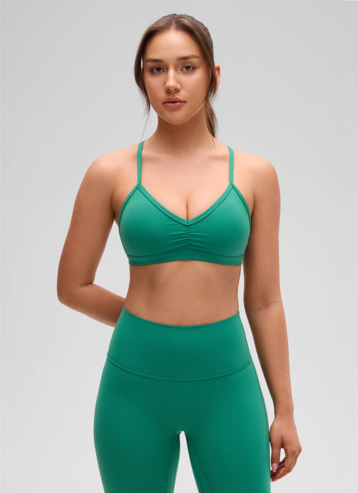 CRZ YOGA Butterluxe Womens Ruched V Neck Yoga Padded Sports Bra Cascadia Green @model_info:Brooklyn