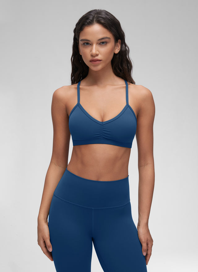 CRZ YOGA Butterluxe Womens Ruched V Neck Yoga Padded Sports Bra French Navy