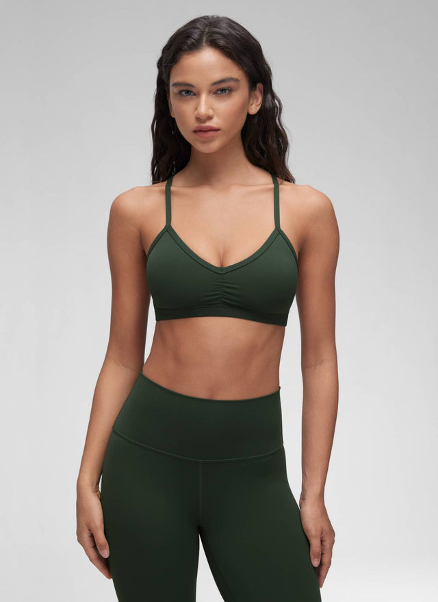 CRZ YOGA Butterluxe Womens Ruched V Neck Yoga Padded Sports Bra Legend Green @model_info:Winma