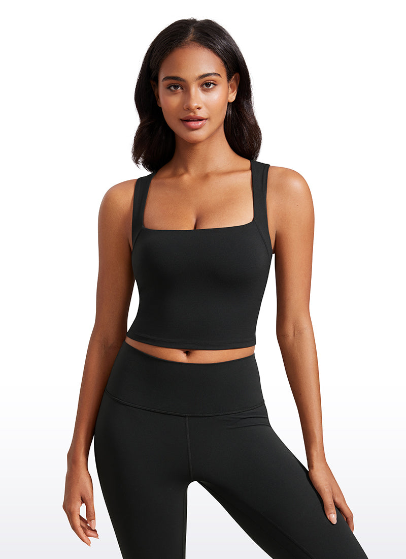 CRZ YOGA Butterluxe Women Longline Square Neck Sport Built in Bra Tank Black