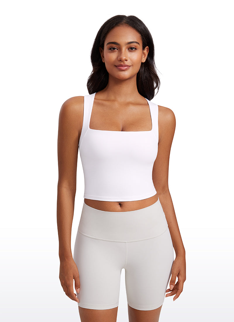 CRZ YOGA Butterluxe Women Longline Square Neck Sport Built in Bra Tank White