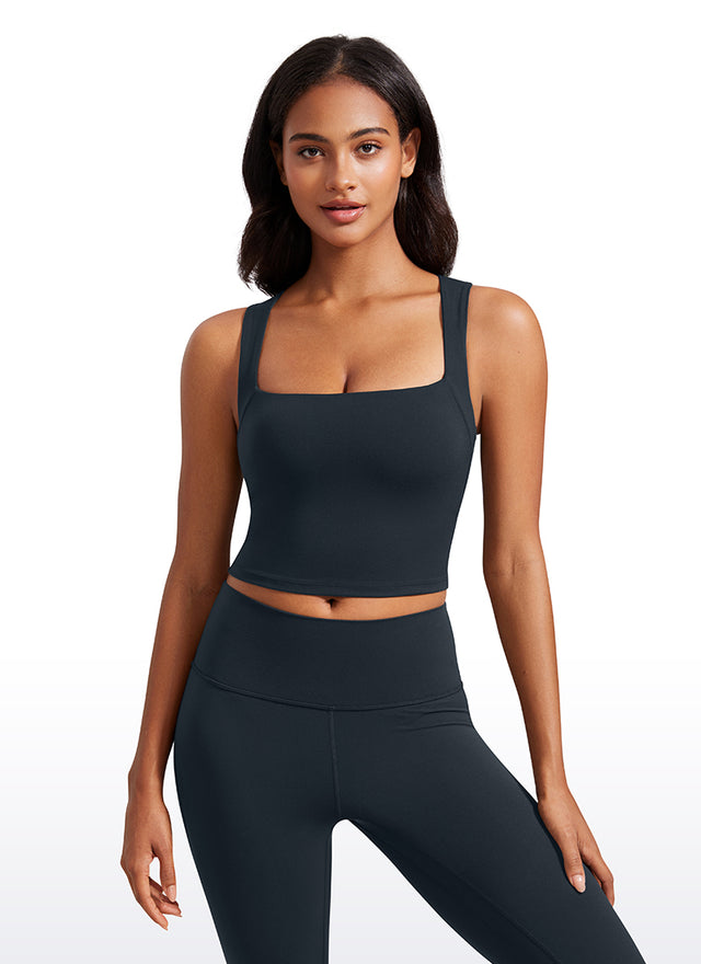 CRZ YOGA Butterluxe Women Longline Square Neck Sport Built in Bra Tank True Navy