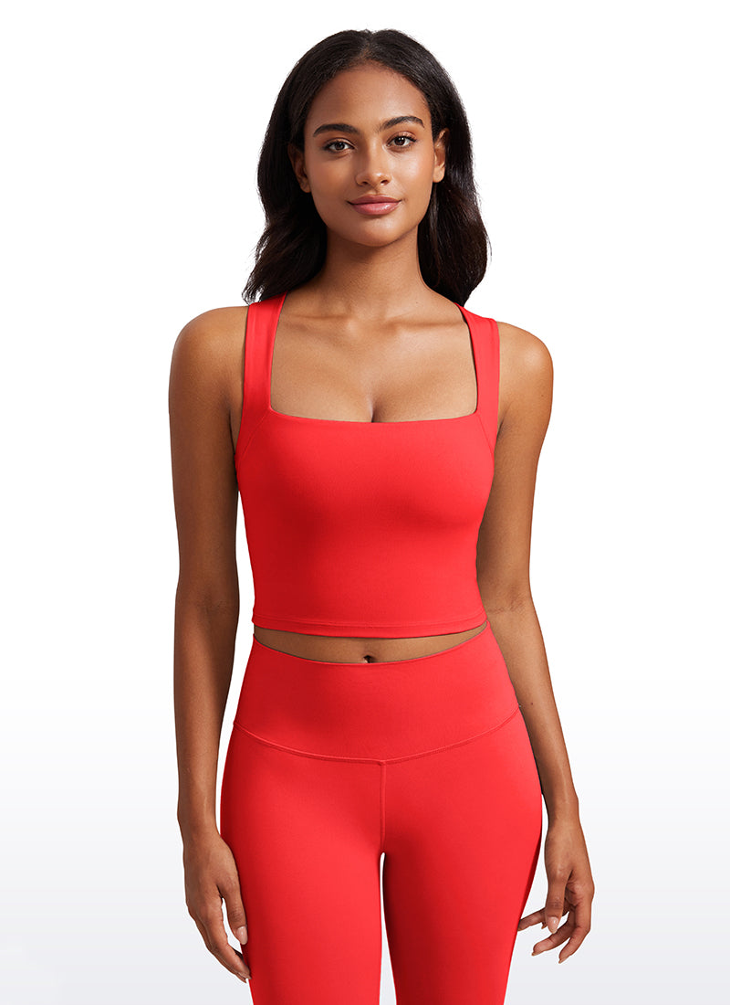 CRZ YOGA Butterluxe Women Longline Square Neck Sport Built in Bra Tank Deep Red