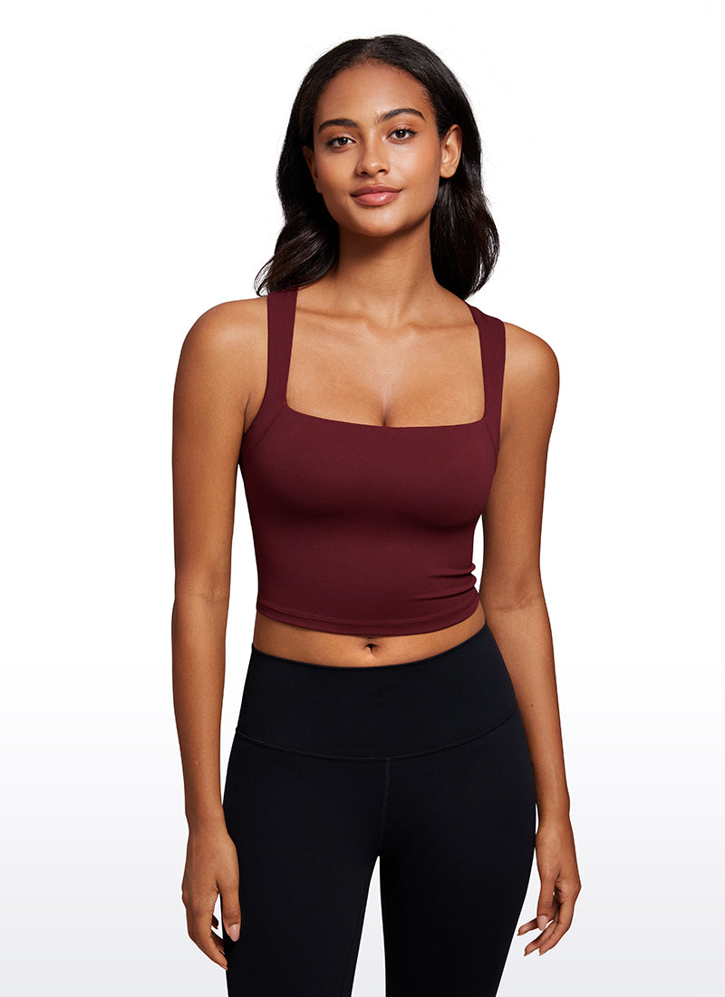 CRZ YOGA Butterluxe Women Longline Square Neck Sport Built in Bra Tank Red Merlot @model_info:Lais