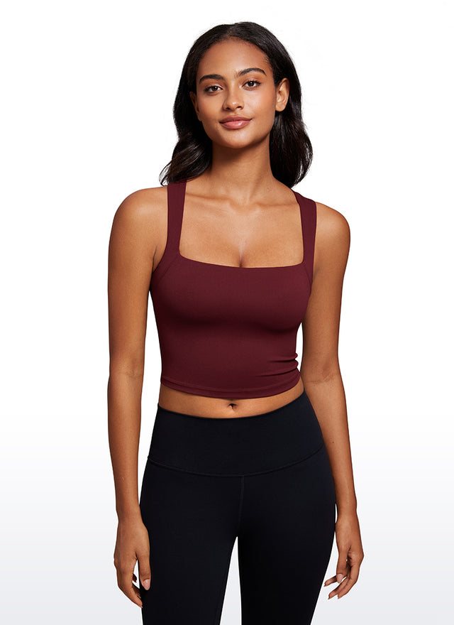 CRZ YOGA Butterluxe Women Longline Square Neck Sport Built in Bra Tank Red Merlot @model_info:Lais
