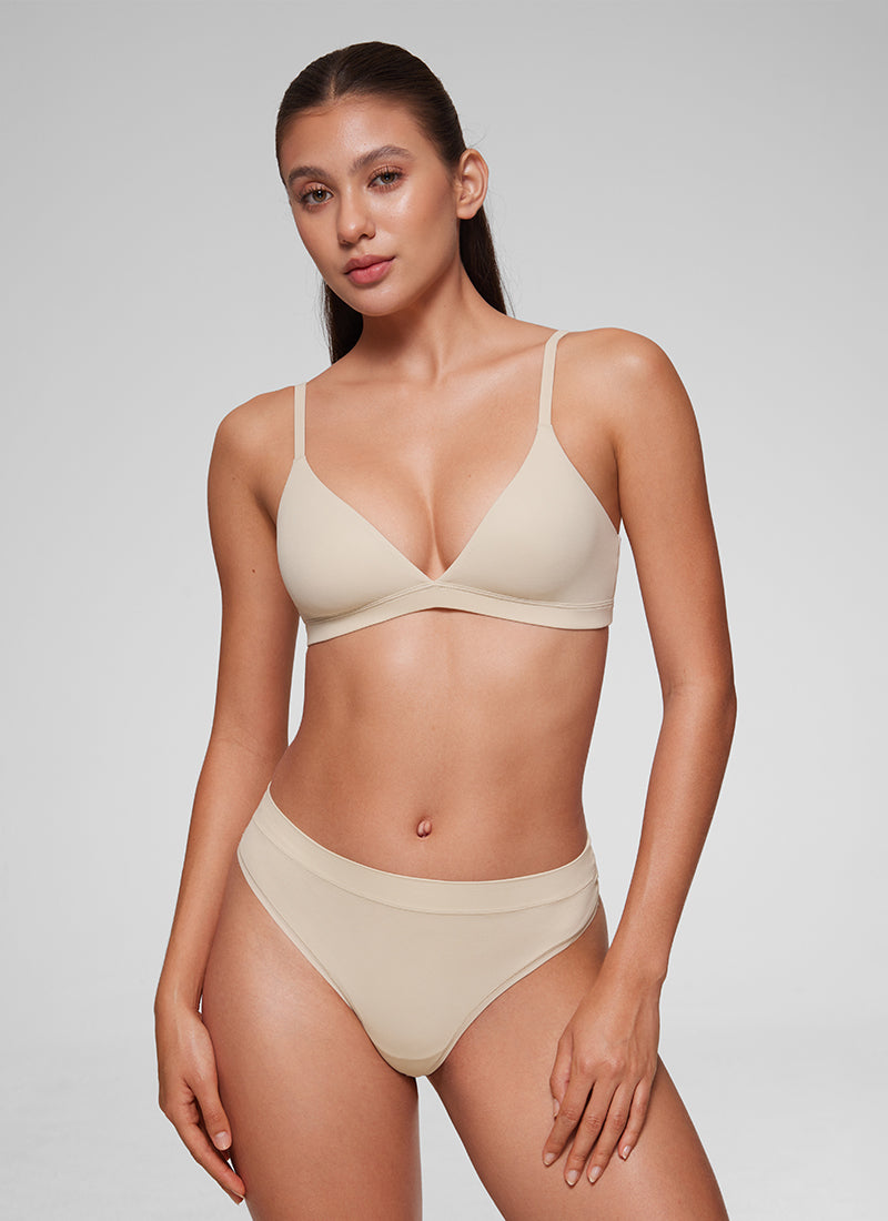 CRZ YOGA Softhold Womens Double Lined Wireless Triangle Bralette Mojave Tan 2