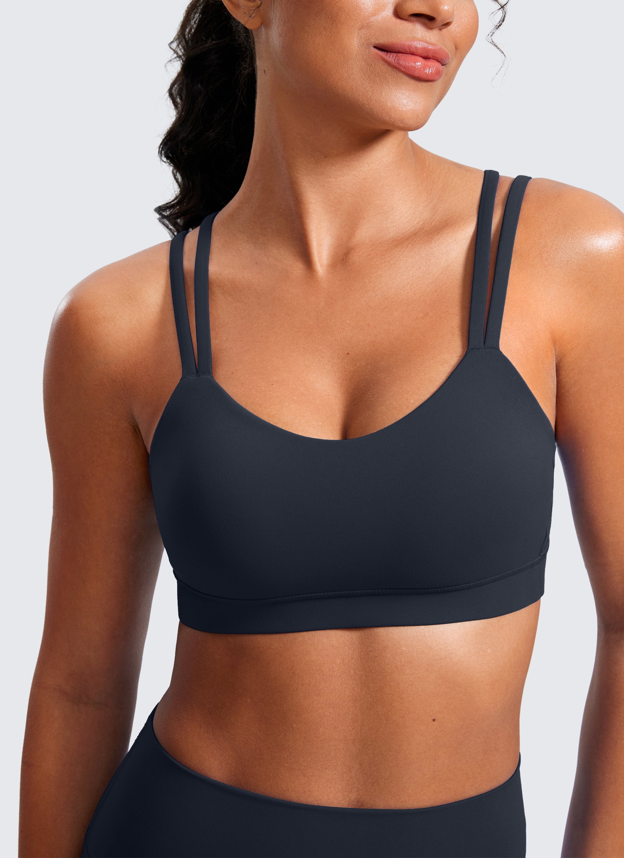 CRZ YOGA Women's Yoga Molded Cup Butterluxe Strappy Bra V Neck True Navy