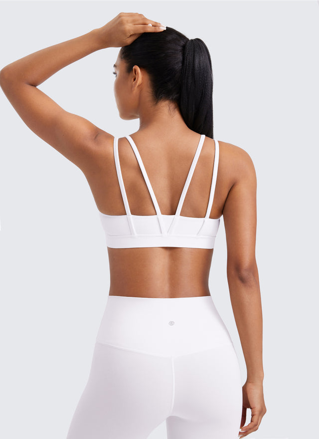 CRZ YOGA Women's Yoga Molded Cup Butterluxe Strappy Bra V Neck White @model_info:Amanda