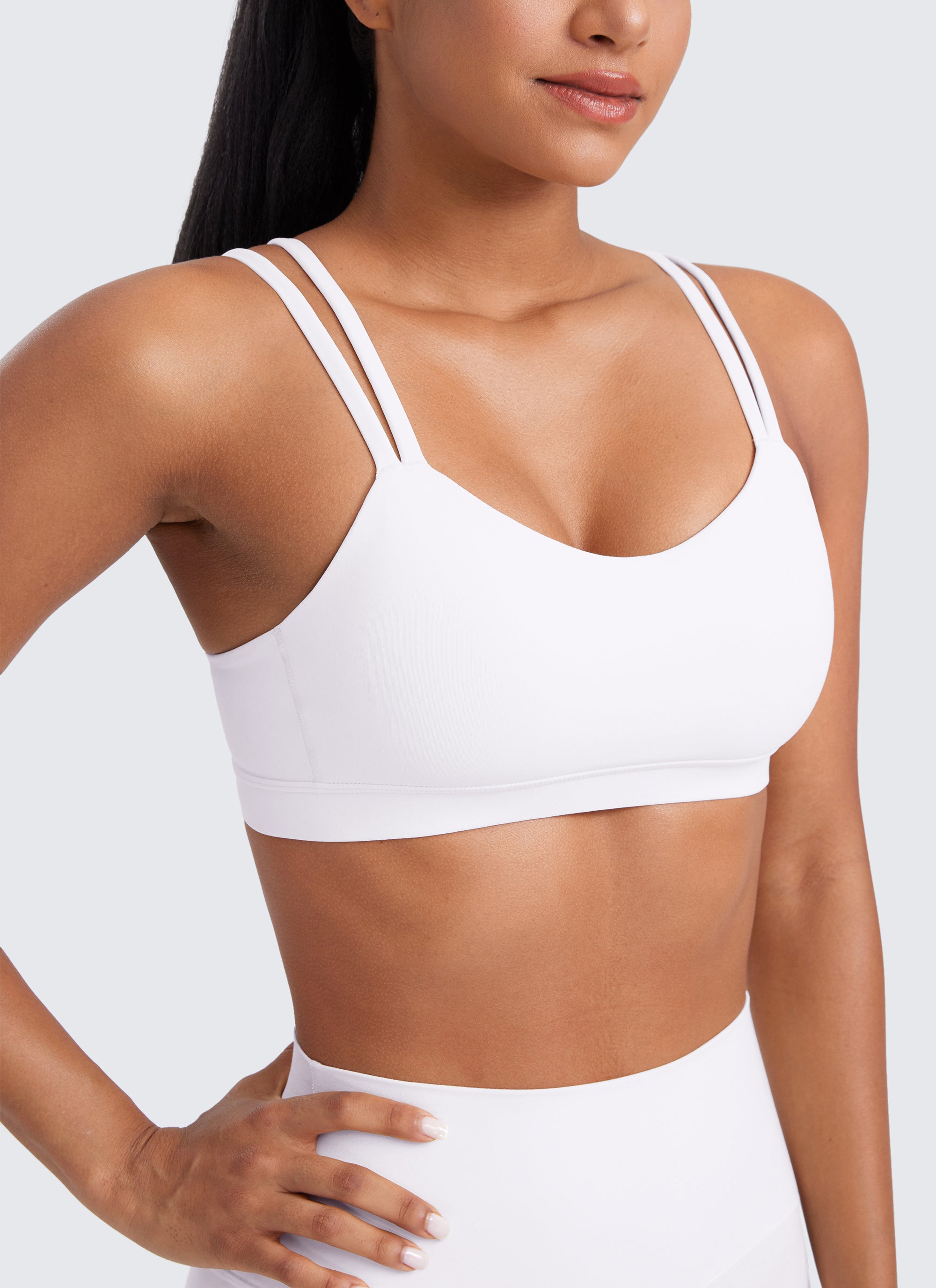CRZ YOGA Women's Yoga Molded Cup Butterluxe Strappy Bra V Neck White