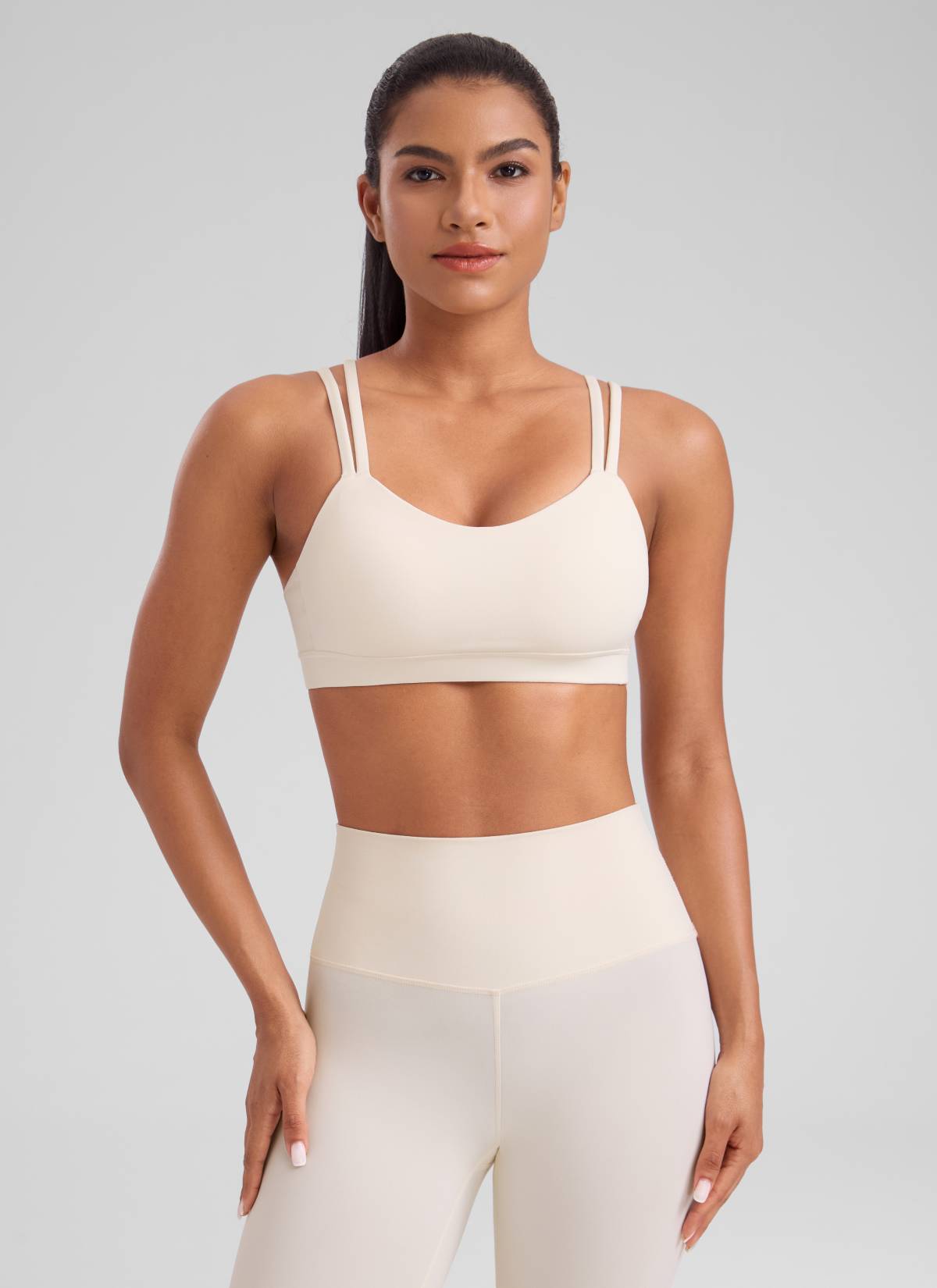 CRZ YOGA Women's Yoga Molded Cup Butterluxe Strappy Bra V Neck White Apricot @model_info:Amanda