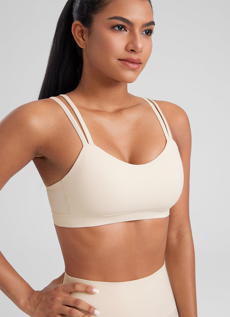 CRZ YOGA Women's Yoga Molded Cup Butterluxe Strappy Bra V Neck White Apricot