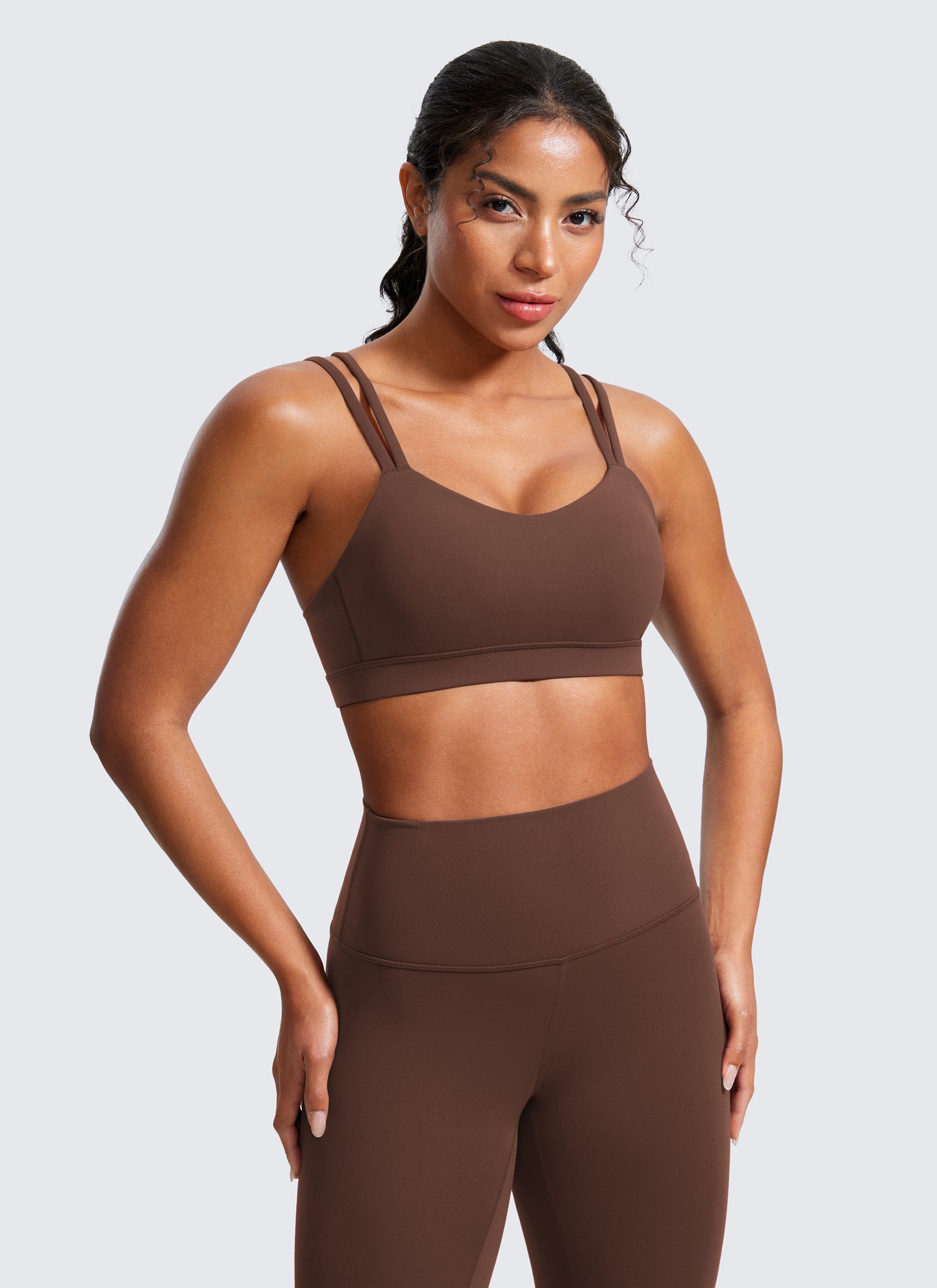 CRZ YOGA Women's Yoga Molded Cup Butterluxe Strappy Bra V Neck Coffee Brown @model_info:Crystal