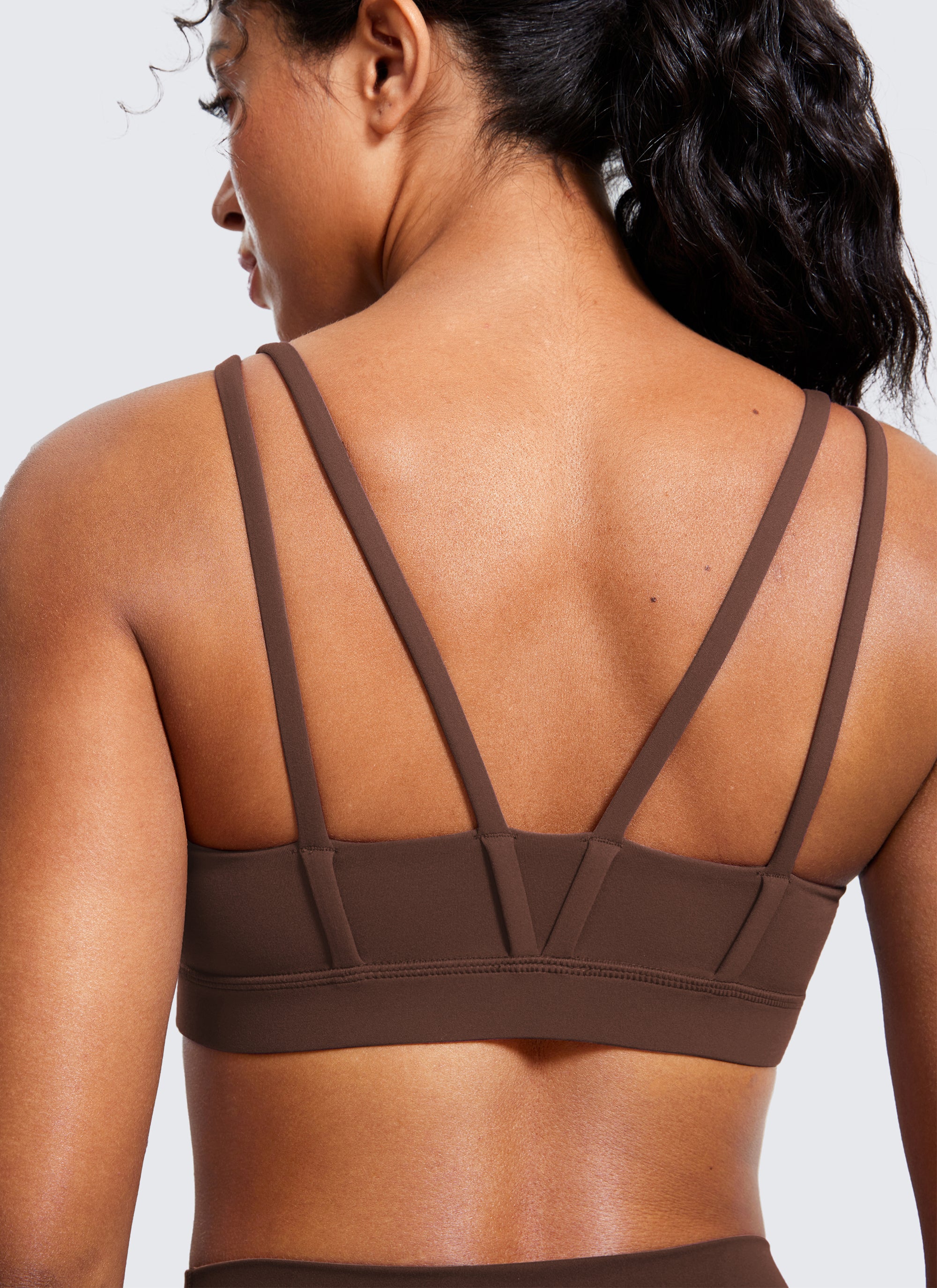 CRZ YOGA Women's Yoga Molded Cup Butterluxe Strappy Bra V Neck Coffee Brown @model_info:Crystal