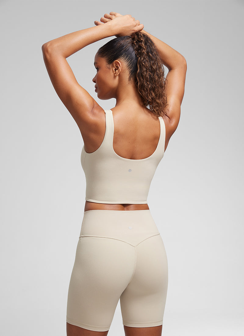 CRZ YOGA Women's Yoga Molded Cup Butterluxe Longline Bra V Neck Mojave Tan