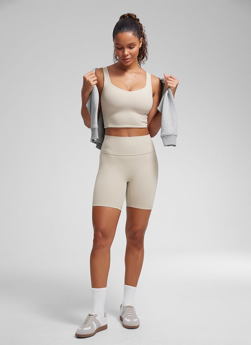 CRZ YOGA Women's Yoga Molded Cup Butterluxe Longline Bra V Neck Mojave Tan