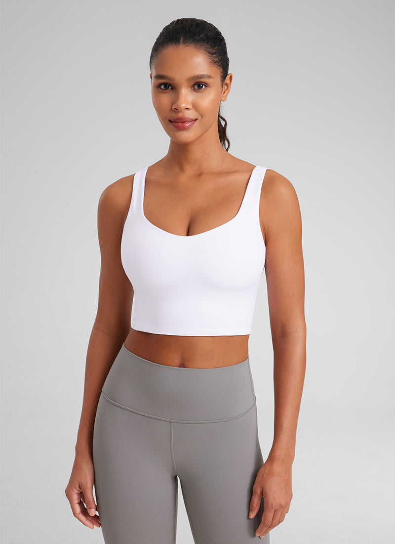 CRZ YOGA Women's Yoga Molded Cup Butterluxe Longline Bra V Neck White