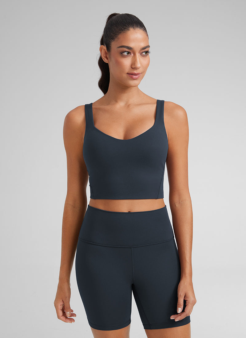 CRZ YOGA Women's Yoga Molded Cup Butterluxe Longline Bra V Neck True Navy