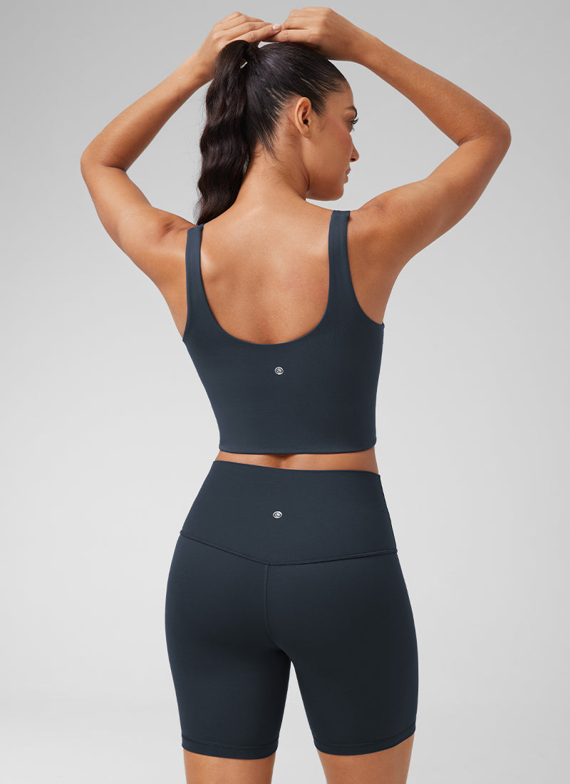 CRZ YOGA Women's Yoga Molded Cup Butterluxe Longline Bra V Neck True Navy