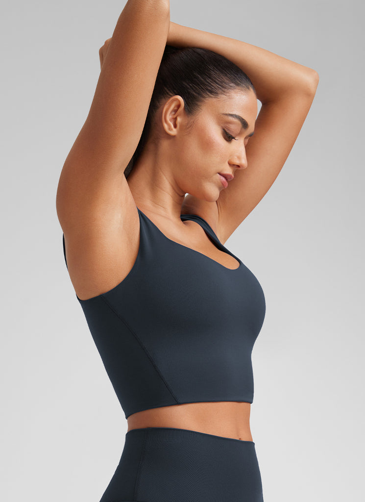 CRZ YOGA Women's Yoga Molded Cup Butterluxe Longline Bra V Neck True Navy