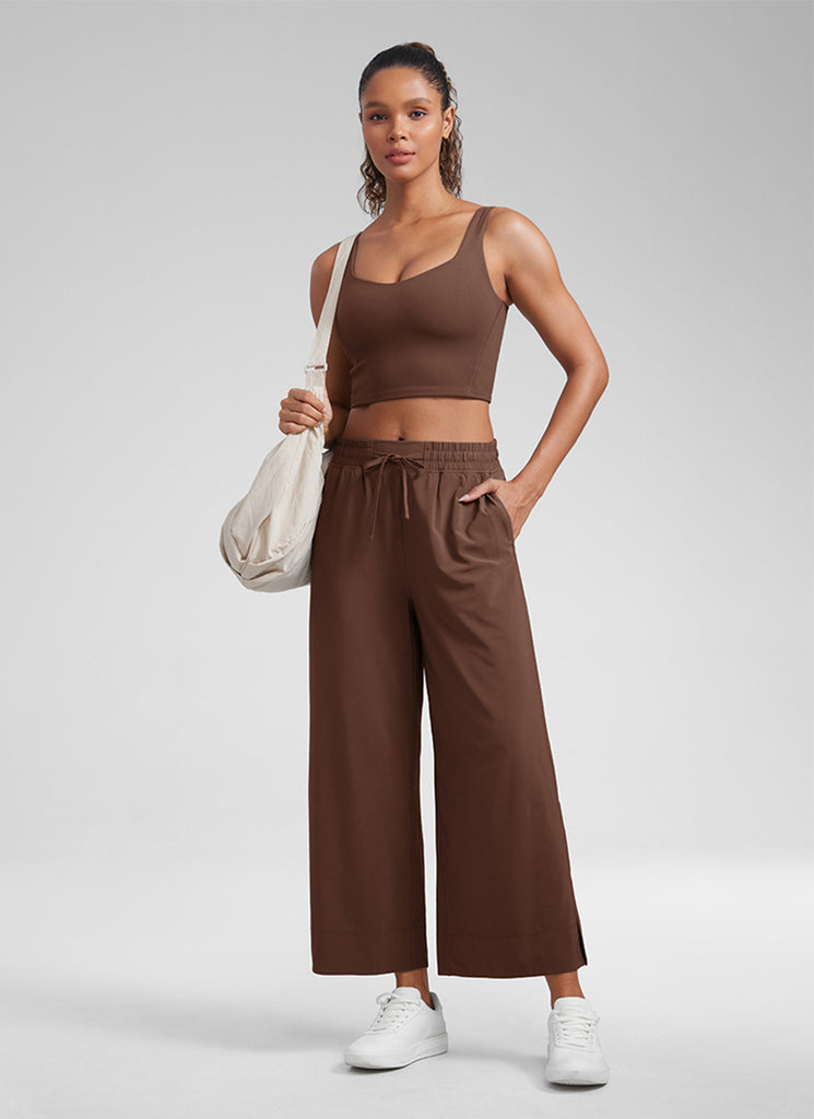 CRZ YOGA Women's Yoga Molded Cup Butterluxe Longline Bra V Neck Coffee Brown