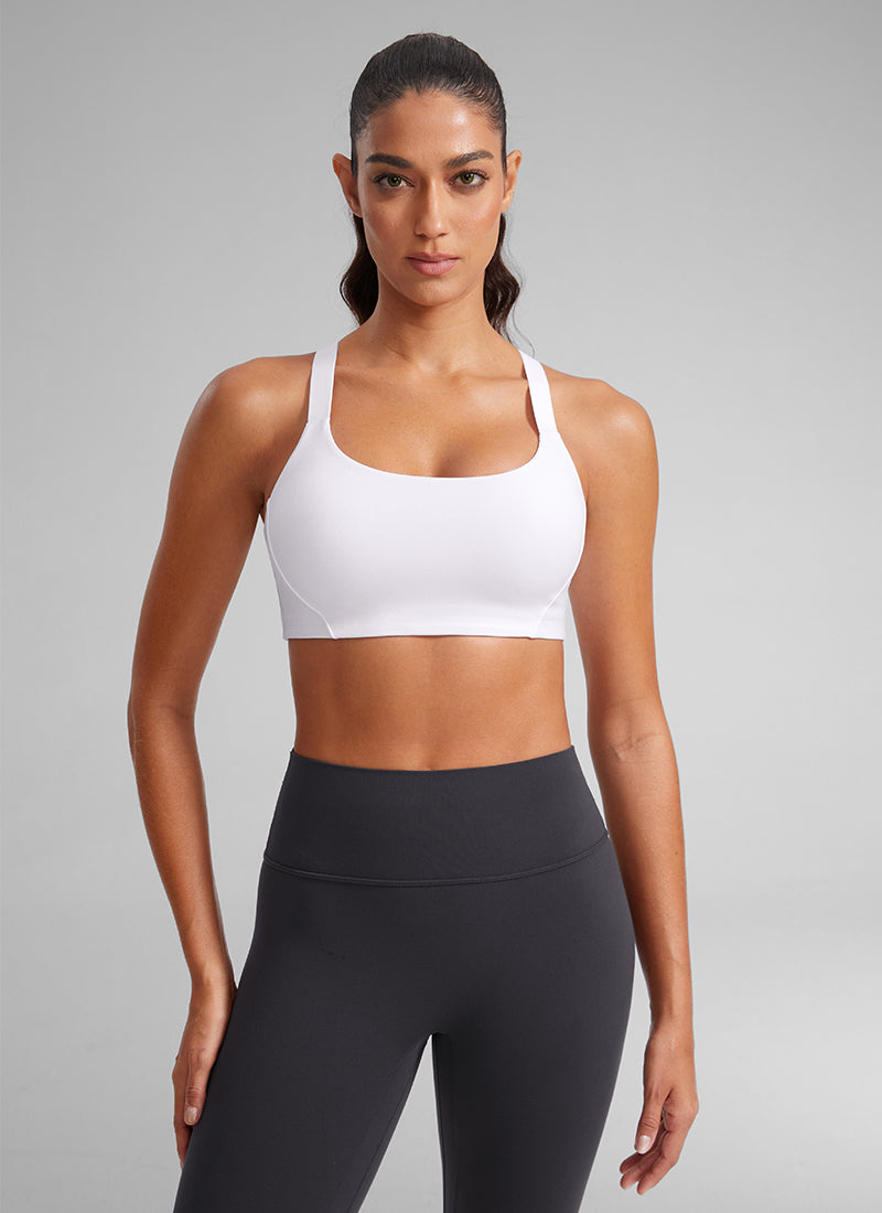 CRZ YOGA Women's Gym Top Butterlift Scoop Neck Bra Adjustable Straps White