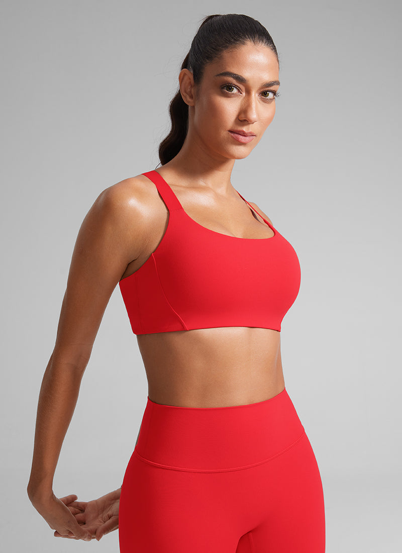 CRZ YOGA Women's Gym Top Butterlift Scoop Neck Bra Adjustable Straps Deep Red